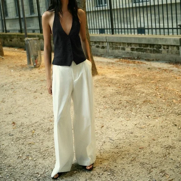 Zara Cream Linen Blend Pants Trousers Size Large - Picture 2 of 7